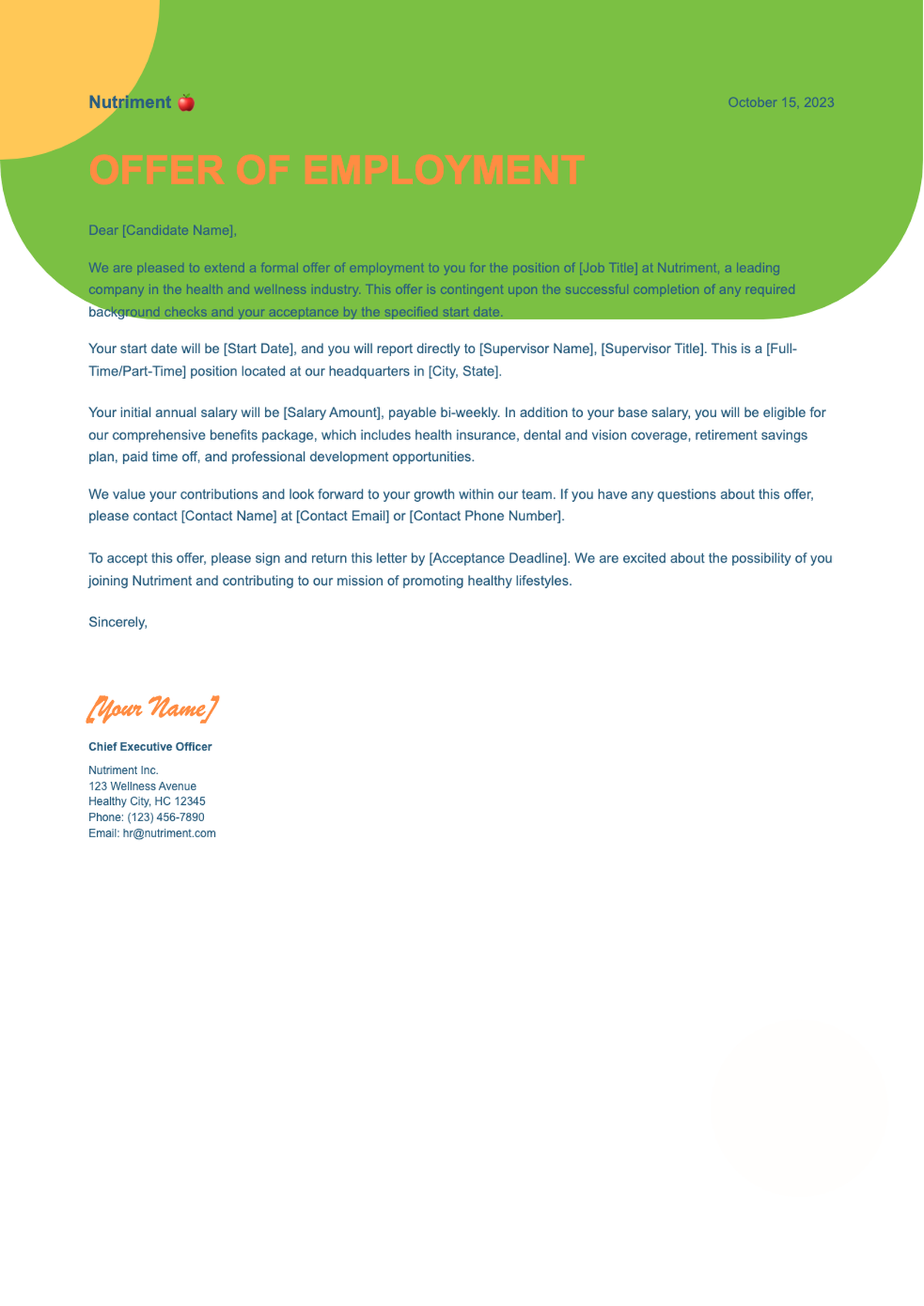 Professional employment offer letter from Nutrimento with colorful design and CEO signature_variant_1